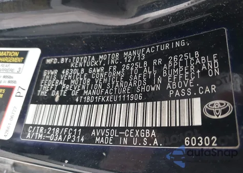 2014 Toyota Camry Hybrid Xle z USA, uszkodzony, nr VIN 4T1BD1FKXEU111906